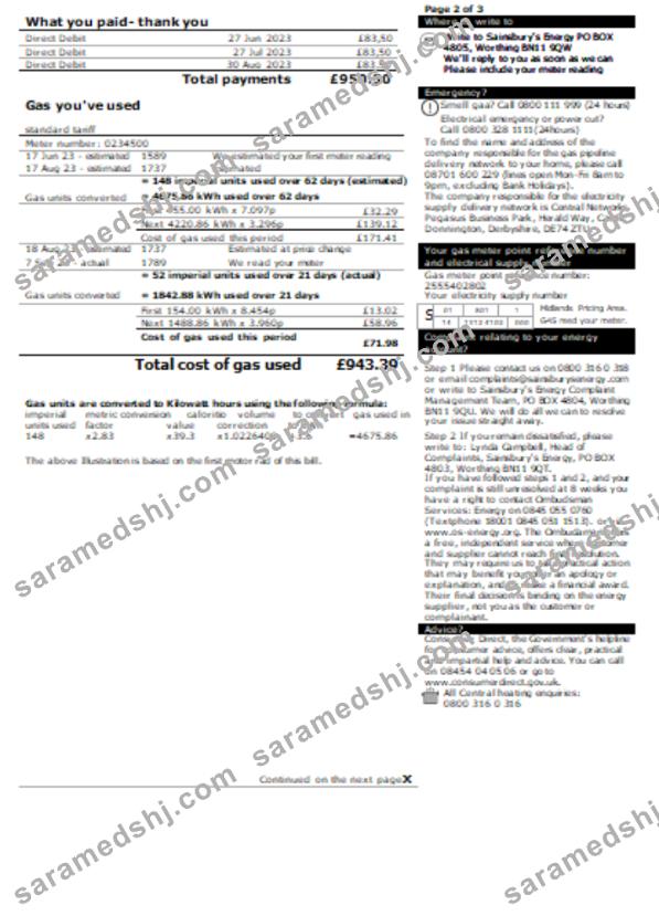 Sainsbury- Energy (British Gas) business utility bill, page 2. SCR
